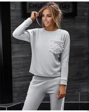 2018 Autumn Beading Fashion Women Suits Casual Pullovers And Full Pant Two Piece Women Set Pearls Solid Ladies Work Wear Set