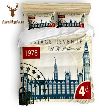 

Family Decor Vintage London Stamp 4 Pcs Bedding Sets Machine Washable All Soul's Day Comforter Sets Christmas Day Memorial Day