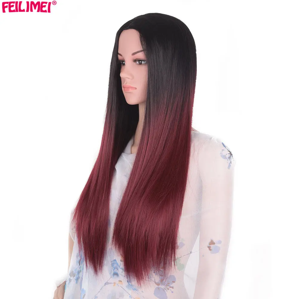 

Feilimei Middle Part Synthetic Ombre Wig 24 Inch 280g Long Straight Femals Full Head Black Blue Purple Gray Colored Cosplay Wigs