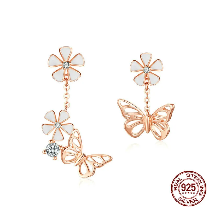 

Butterfly And Flower Earrings S925 Enamel Floral Asymmetry Dangle Earring 925 Sterling Silver Engagement Jewelry Bse100