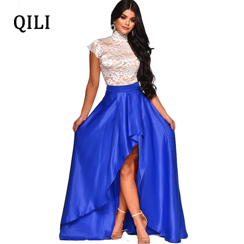 

QILI Long Maxi Women Dress Boho Short Sleeve Lace Two Piece Set Asymmetrical Dresses Elegant Evening Party Dress Red Black Blue