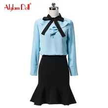 Alglam Doll Women 2 Pieces Set OL Work Office Ladies Ruffles Full Sleeve Blouse Top Shirt + Mini Mermaid Skirt 2017 Summer Dress