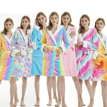 

Women's Hooded Flannel Robe Unicorn Cartoon Bathrobe Knee Length Luxury Sleepwear Winter Warm Terry Lightweight Animal Robes