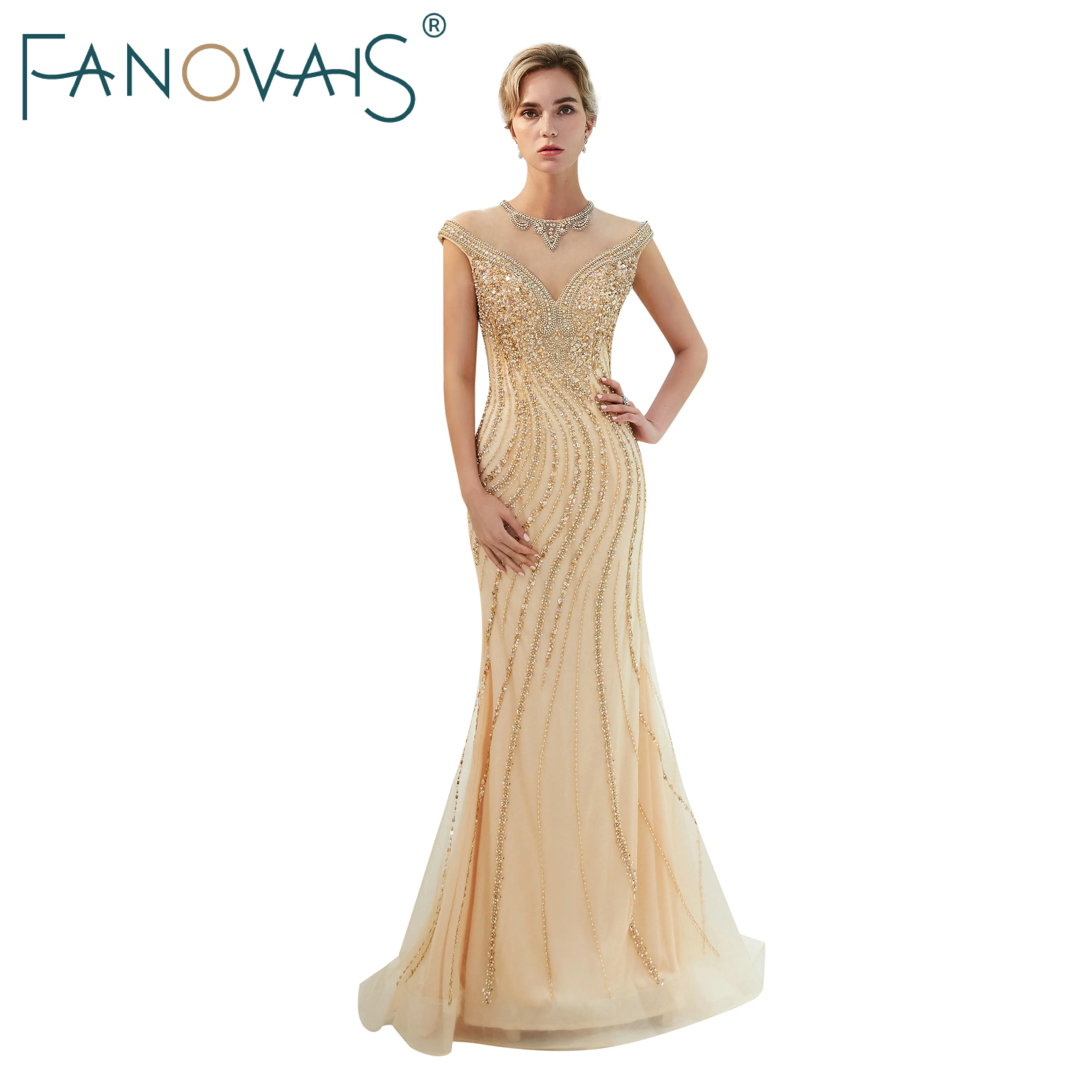 

Gold Shinning Evening Dresses 2019 Cap Sleeves Full Beads Evening Gowns Formal Party Dress Vestido De Festa Robe De Soiree