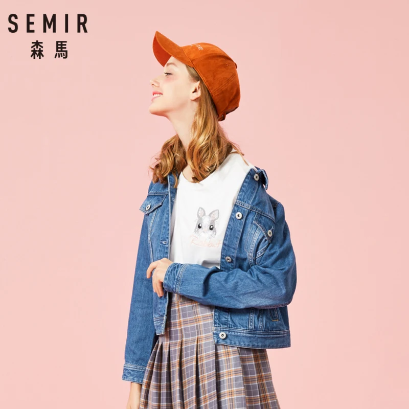 SEMIR Women 100% Cotton Short Denim Jacket with Collar Girl Boyfriend Denim Jacket with Chest Pocket and Slant Pocket Chic Style
