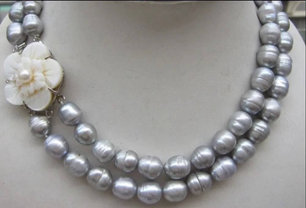 

>>>> beautiful 2 row natural 11-13mm south sea gray baroque pearl necklace 17-18