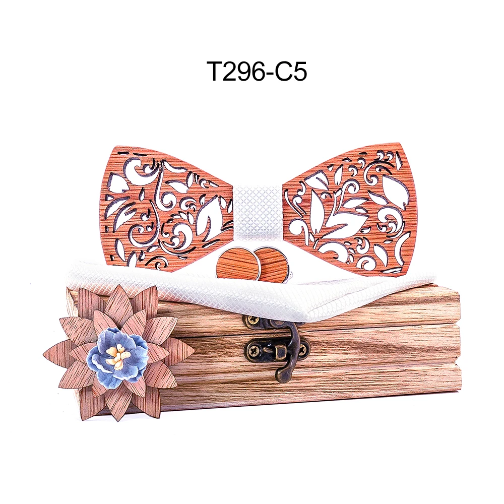 Wood BowTie Handkerchief Set Men's wooden Bowtie with cufflinks Floral design wood Box Fashion Novelty men ties