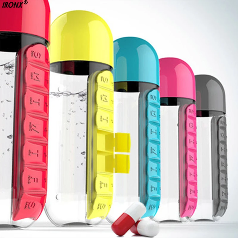 

600ML Candy Color Pill case Water Bottle 7 Daily Pill Box Organizer Portable Kit Combine Plastic Tritian Water Bottle C4