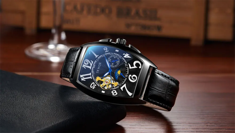 SEWOR Tourbillon автоматические механические часы мужские дизайнерские Moonphase квадратные кожаные часы с скелетом Авто Дата деловые часы