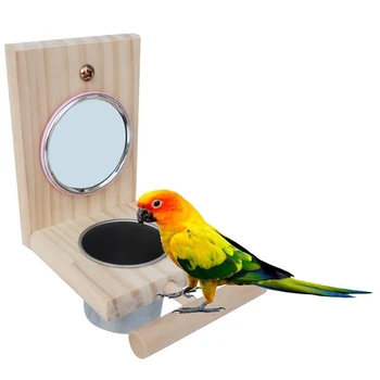 Wooden Bird Feeding Mirror Stainless Steel Food Bowl Feeder Combination Parrot Stand Bird Toy Cup Perches Bird Cage Station Ra 3