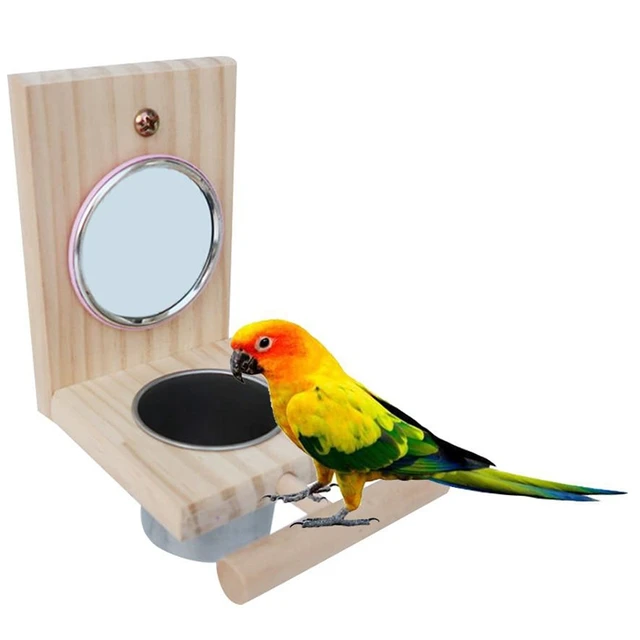 Wooden Bird Feeding Mirror Stainless Steel Food Bowl Feeder Combination Parrot Stand Bird Toy Cup Perches Bird Cage Station Ra 3