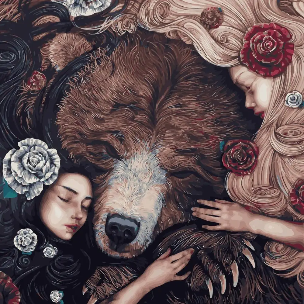 Girls and bear landscape painting by numbers abstract acrylic paint hand painted wall decorative canvas | Дом и сад