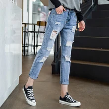 Весна лето женские джинсовые шаровары рваные брюки стиля гранж Джинсы бойфренда для женщин модные свободные от середины талии джинсы