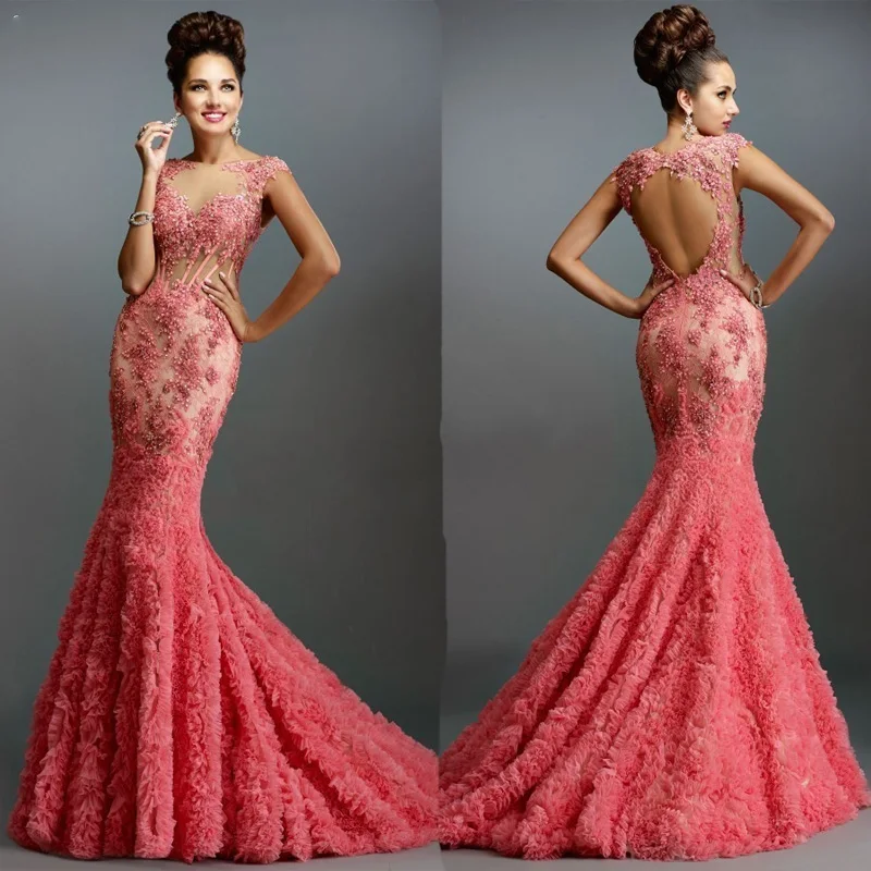 

Glamorous O-Neck Open Back Appliqued Lace Long Sleeve Mermaid Evening Dresses Long 2017 Prom Dress formal dress Robe de soiree
