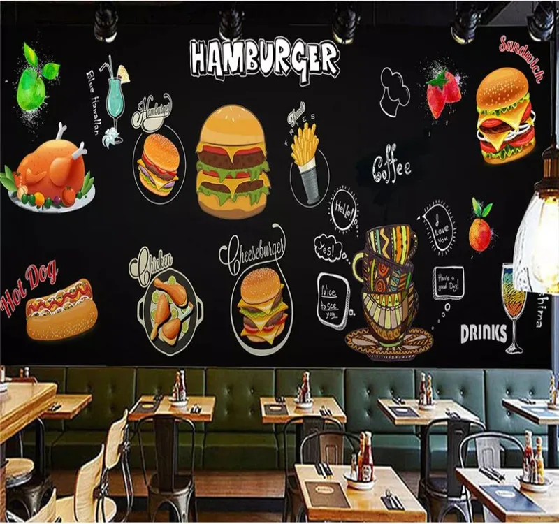 Professional custom 3D wallpaper mural HD hand-painted Western restaurant burger shop series - high-grade waterproof material Professional custom 3D wallpaper mural HD hand-painted Western restaurant burger shop series - high-grade waterproof material