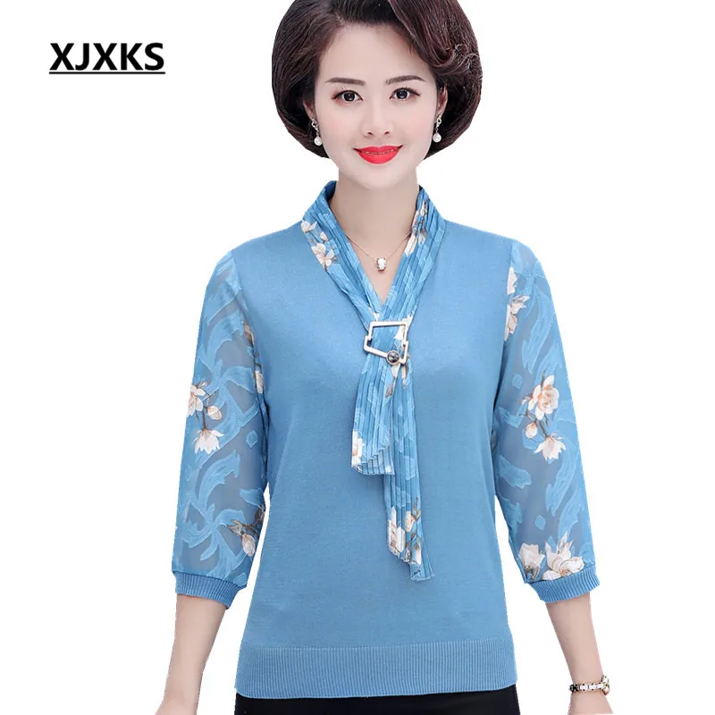 

XJXKS Loose plus size women's top 2019 autumn new fashion thin knitted stitching chiffon sleeve women's sweater pullover