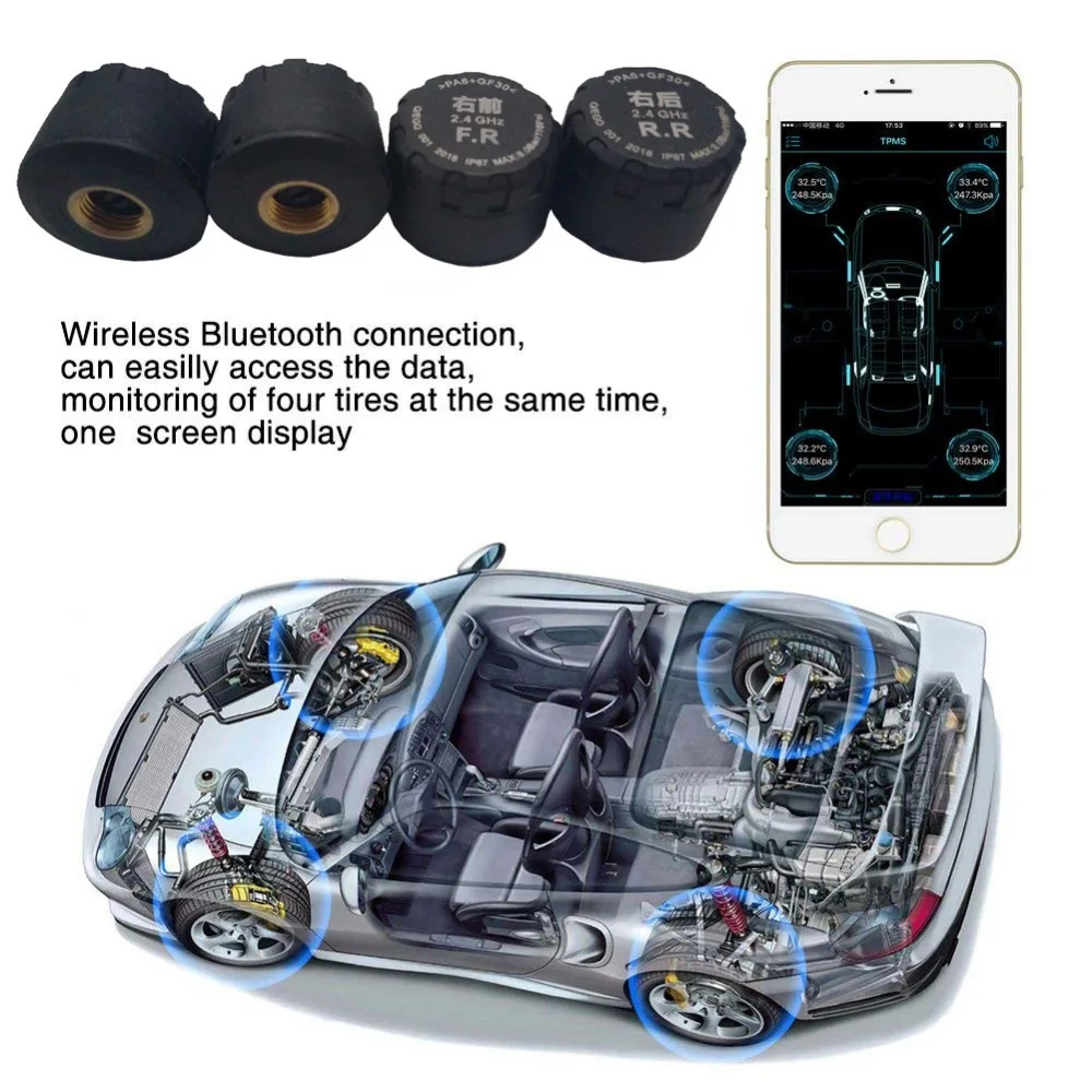 

SZDALOS Bluetooth tire pressure sensors system tire-pressure-mobile for Android / IOS with 4 sensor download APP