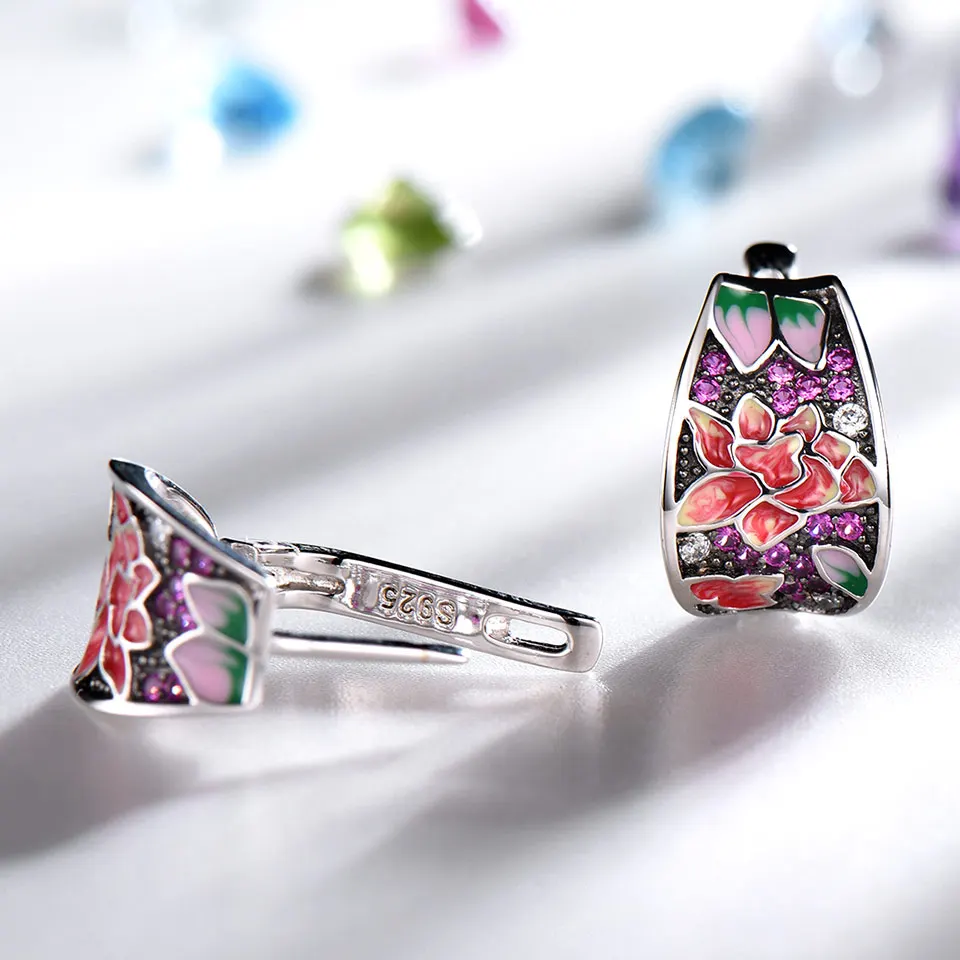 Ceny UMCHO Handmade emalia ciemnoczerwony klipsy dla kobiet srebro 925 biżuteria Party prezent ślubny 925 srebro Fine Jewelry