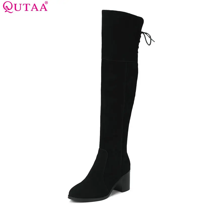 

QUTAA 2018 High Quality Women Over The Knee High Boots Fashion Zipper Square High Heel Round Toe Women Boots Size 34-39