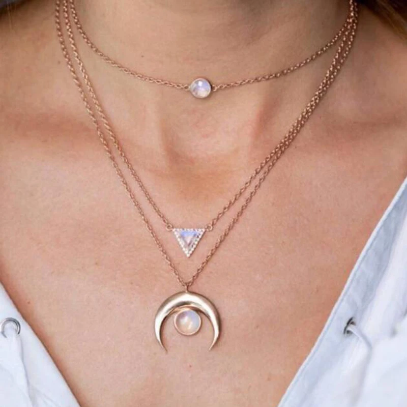 

Tocona Retro Boho Gold Color Moon Triangle Round Inlay Crystal Pendant Necklace For Women Girl Metal Long Layered Necklace 3905