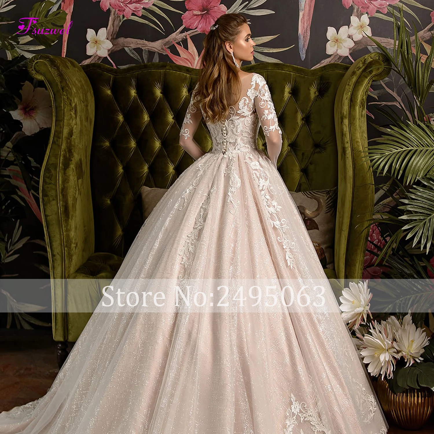 Fsuzwel Роскошные Аппликации суд Поезд бальное платье Свадебные платья Элегантный Совок шеи с длинным рукавом платье для невесты принцессы размера плюс