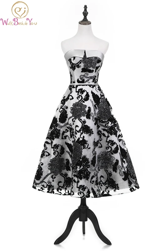 

Black Lace Tea-length Prom Dresses Boat Neck Strapless Elegant New A-line Lace-up Back Custom Made Sleeveless Evening Dresses