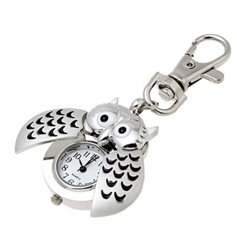New Fashion Mini Clock Women Silver Watch Metal Key Ring Owl wristwatch