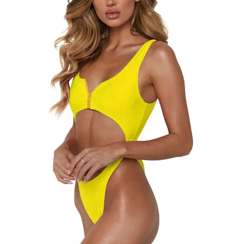 

Women Sexy One Piece Bikini Deep Scoop Neck Push-Up Padded Hollow Out Zipper Up Swimwear Backless Solid Color Beachwear 4 Colors