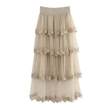 Женская летняя модная юбка с оборками с завышенной талией сетчатая юбка-пачка прозрачная сеточка тюль плиссированные макси Вечерние Saia de bolo de renda selvagem 50