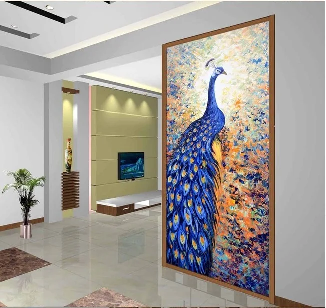 

3d room wallpaper custom mural non-woven Wall sticker Blue peacock knife painting art porch photo wallpaper for walls 3d