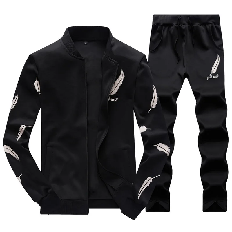 Новые модные мужские комплекты с принтом перьев черный и белый спортивный костюм толстовка из двух частей брюки Мужская куртка+ брюки спортивная одежда