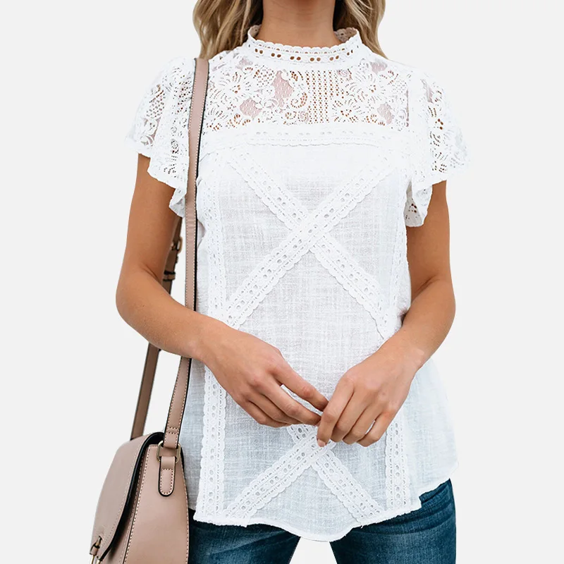 Cotton Lace Short Petal Sleeve Women's Shirts 2019 Patchwork Appliques Vintage Stand Collar Female O Neck Casual Summer Blouses