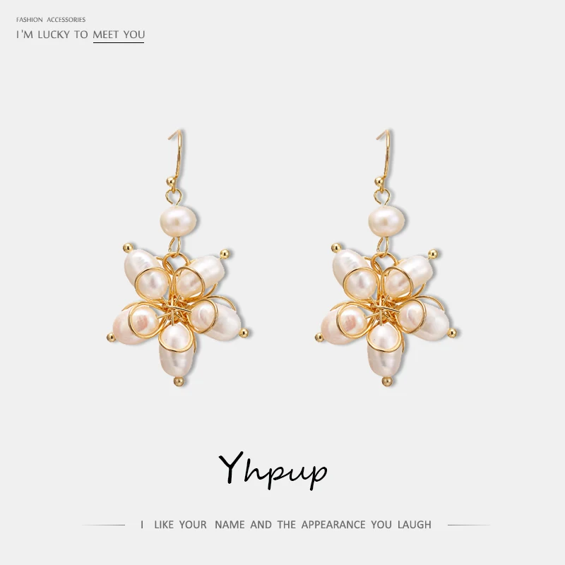 

Yhpup Trendy Exquisite Handmade Hollow Flower Dangle Earrings Natural Pearls High Quality Jewelry Gift for Women Wedding Party