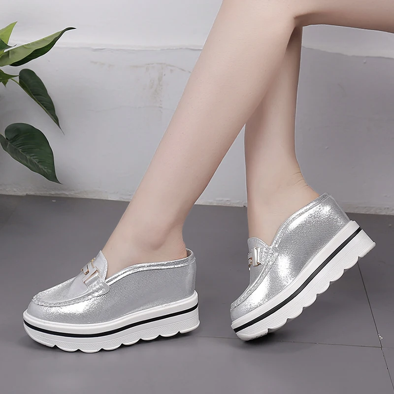 E TOY WORD 2019 Woman mules shoes slippers White metal buckle design women slippers Baotou Platform Shoes Wedges Slipper
