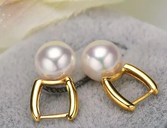 > Благородный Jewelry классический пара AAA++ 10-11 мм круглый Южное море золотой жемчуг серьги 18 К