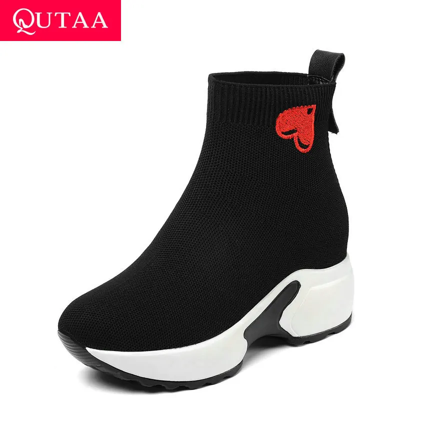 

QUTAA 2020 Comfort Thick Bottom Autumn Winter Women Shoes Round Toe Height Increasing heart-shaped Socks Ankle Boots Size 34-43