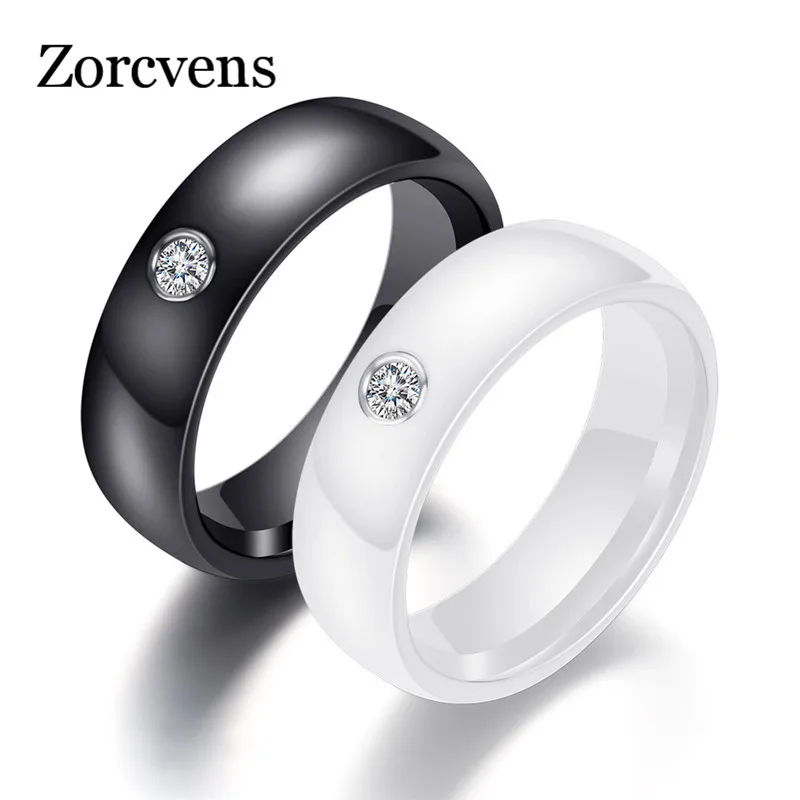

ZORCVENS Black White Colorful Ring Ceramic Ring For Women With Big Crystal Wedding Band Ring Width 6mm Size 6-10 Gift For Men