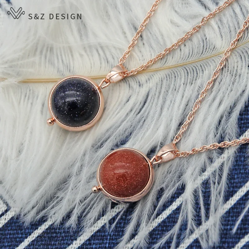 S&Z DESIGN New Natural Golden Sand Stone Pendant Necklace For Women Fine 585 Rose Gold Color Fashion Wedding Party Gift