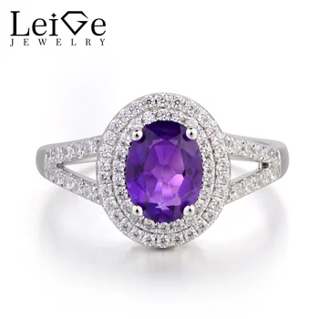 

Leige Jewelry Natural Amethyst Promise Ring Halo Ring Oval Cut Purple Gemstone February Birthstone 925 Sterling Silver for Her