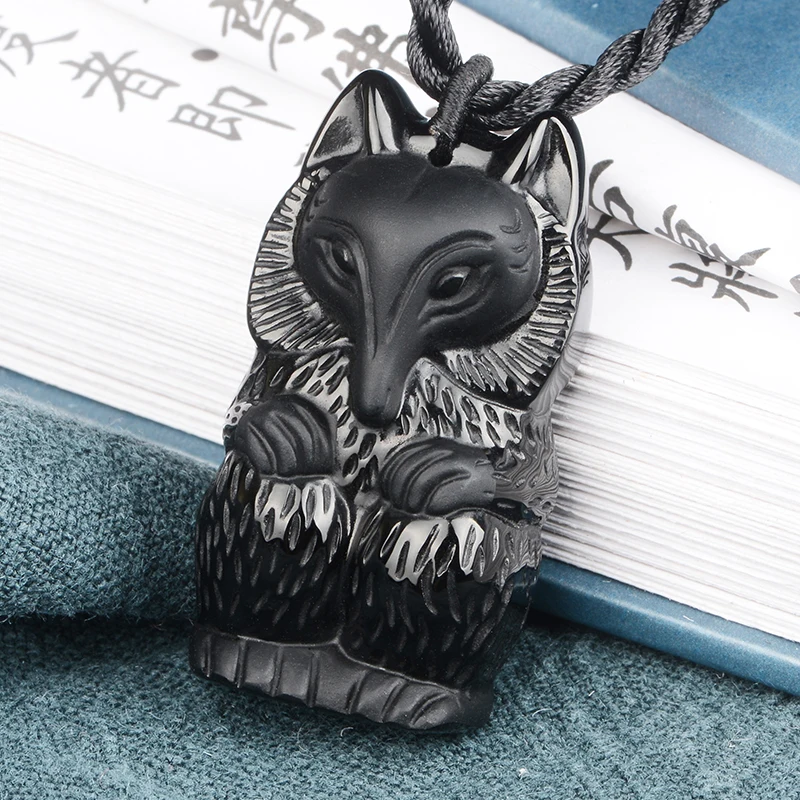 

PUHOLY/ belwide jewelry Wujin Obsidian fox Pendant Necklace