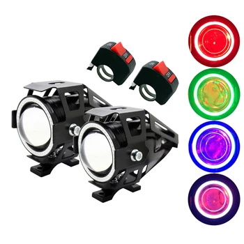 

2Pcs/Set SUNKIA 3000LM U7 Motorcycle Projector Headlight With 2xSwitch Motorbike Head Fog Lamp Angle Eyes Ring + Red Devil Eyes