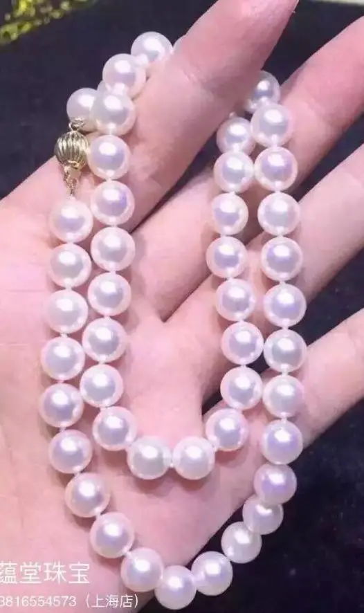 

top quality 9-1mm natural round south seas white pearl necklace 17.5inch 14K (9.13)