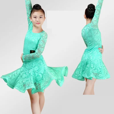 Белые кружевные Детские платья для латинских танцев, современные танцевальные костюмы для девочек, бальные платья для танго, Одежда для танцев, Румба - Цвет: green