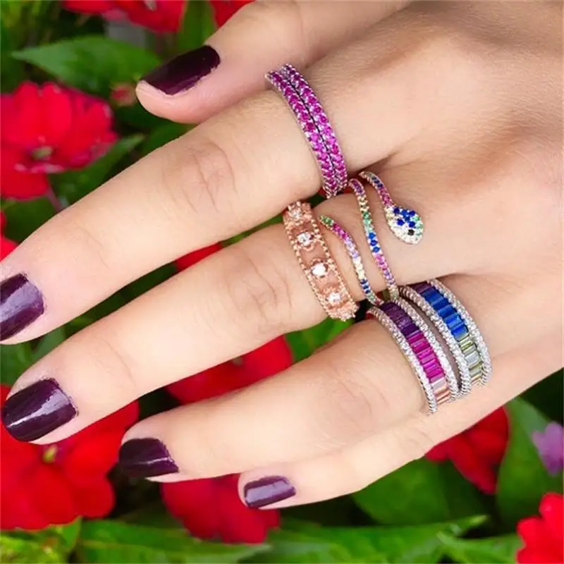 

2019 Top quality USA size 7 rainbow colorful cubic zirconia multi wrap women cute ful finger snake shaped ring fashion jewelry