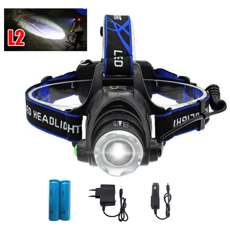 

Headlamp 18650 Battery XM L2 LED Frontal Head Flashlight Torch Powerful Zoomable Headlight Latern + AC charger +Car charger