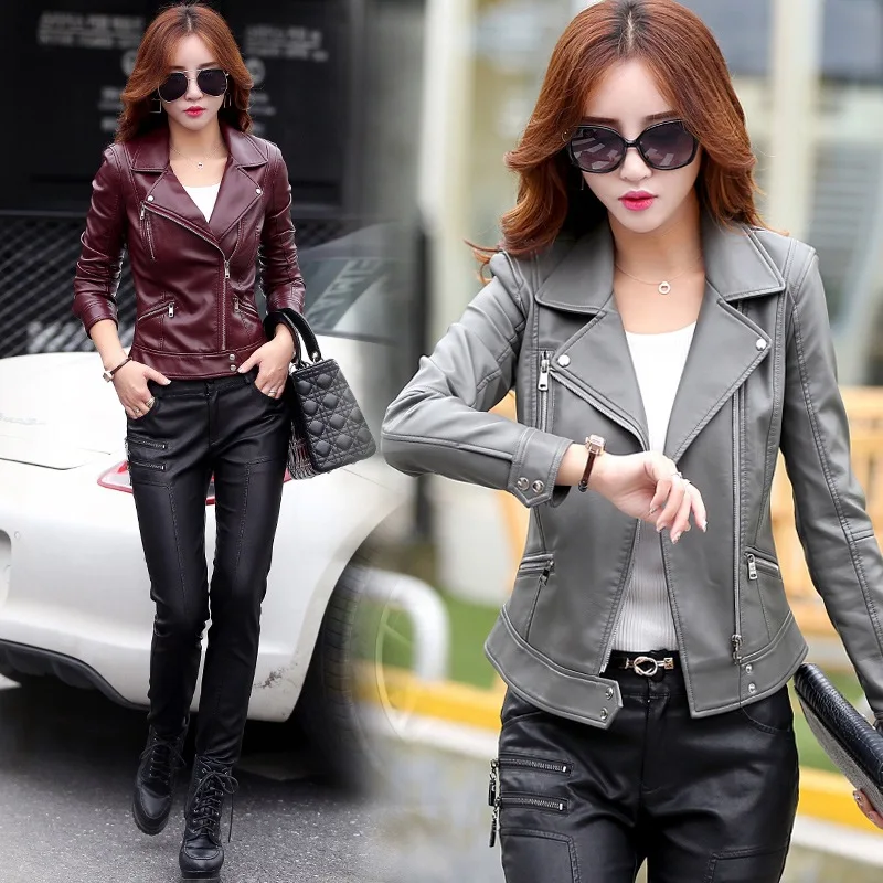 Wine Red Faux Leather Jackets Slim Coat Turn down Collar