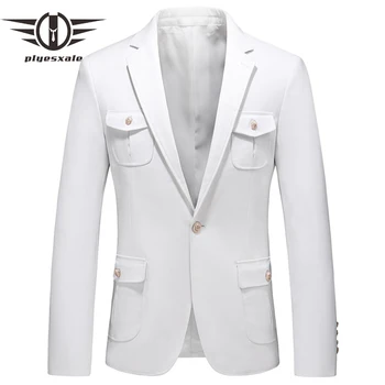 

White Blazer Men 2019 Military Style Multi-pocket Tuxedo Jacket Blazer Masculino Casual Wedding Party Dress Mens Stage Wear Q732