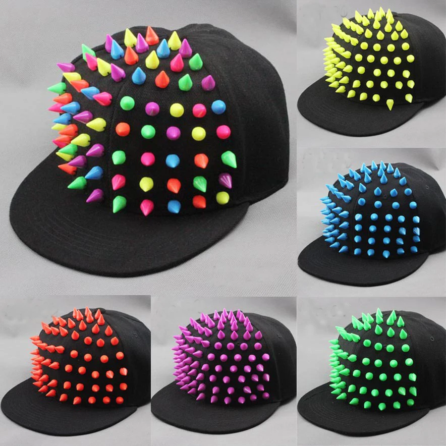 

Handmade multicolour rivets spike punk hiphop black flat brim baseball cap snapbacks hat