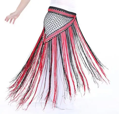 Одежда для танца живота в аргентинском стиле, аксессуары для занятий длинной кисточкой, треугольный пояс, ручная вязка, цветной набедренный шарф для танца живота - Цвет: Red black