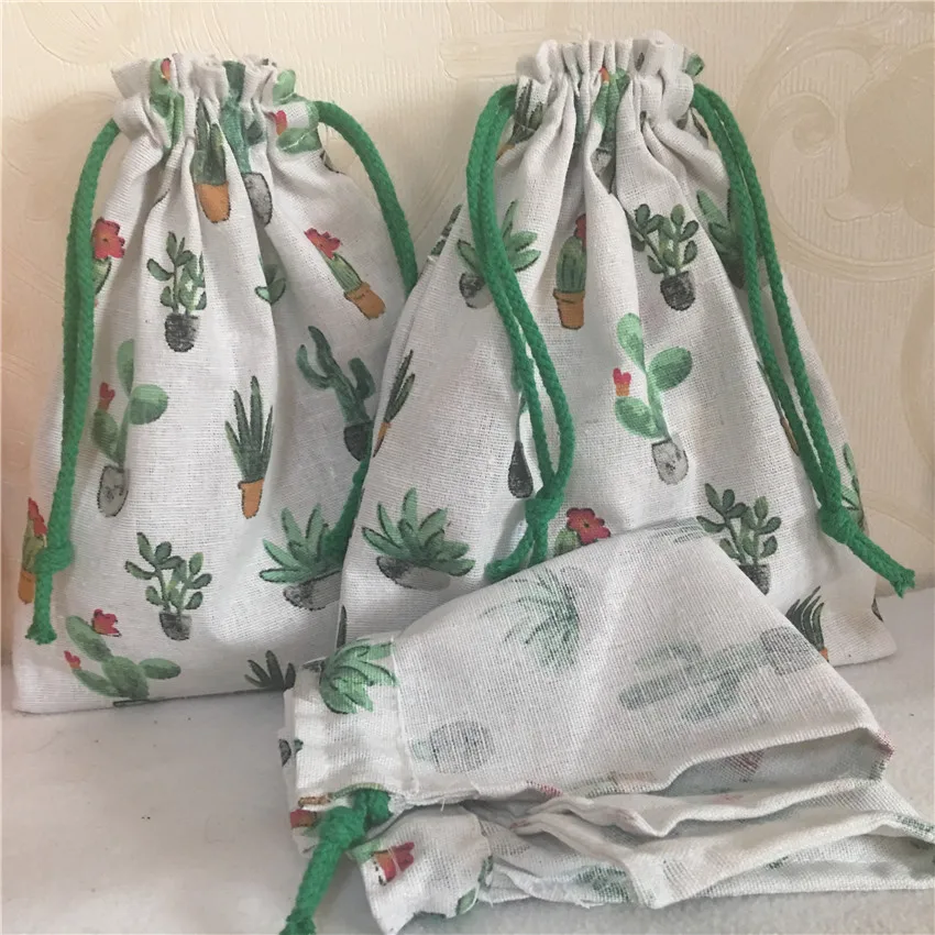 1 шт., многоцелевой Органайзер на шнурке из хлопка и льна, сумка для хранения, вечерние подарочные сумки, зеленые цветущие кактусы N8223d